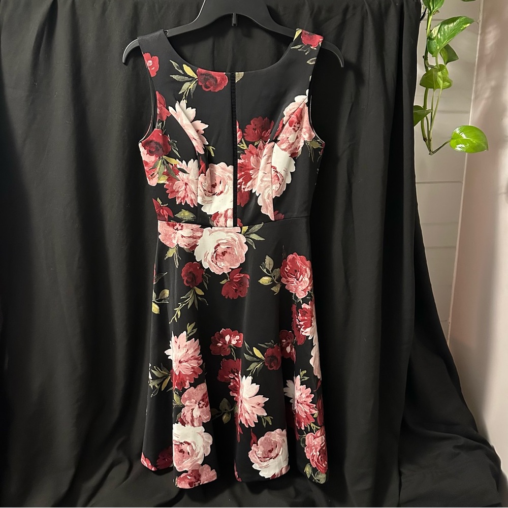 White House Black Market Black and Pink Floral Midi Dress
